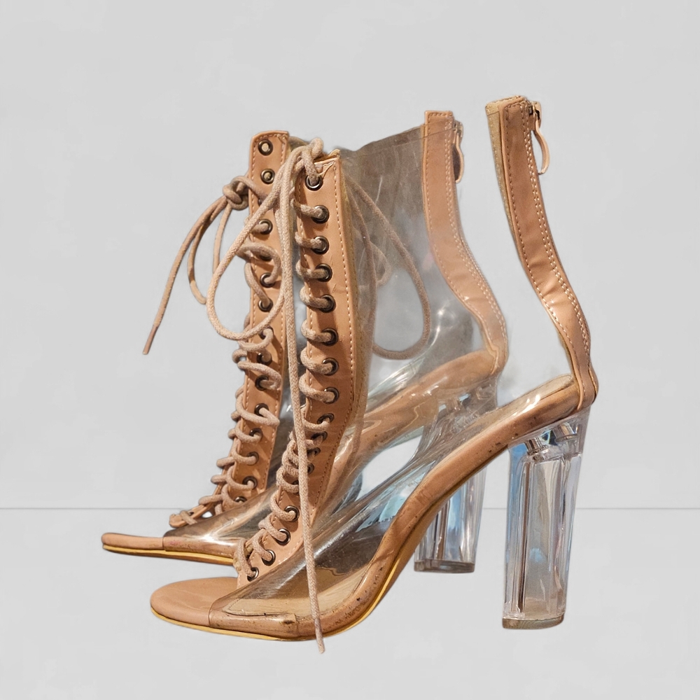 Chic Tan Lace-Up Clear Heels